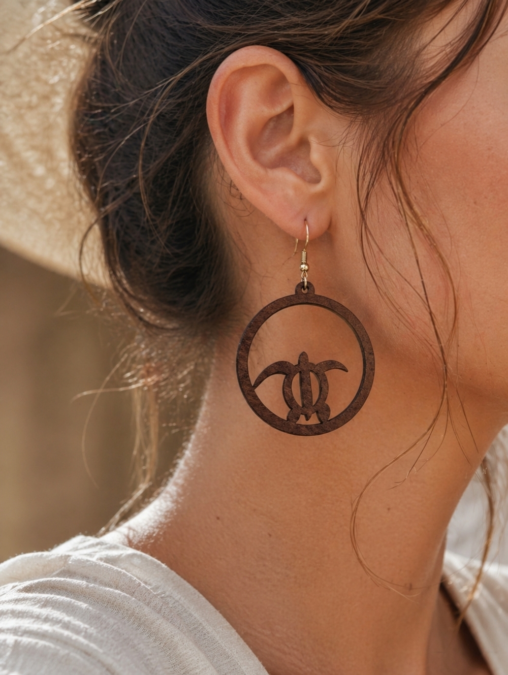 Wooden Turtle Dangle Earrings – Coastal Boho Beachy Statement Hoops